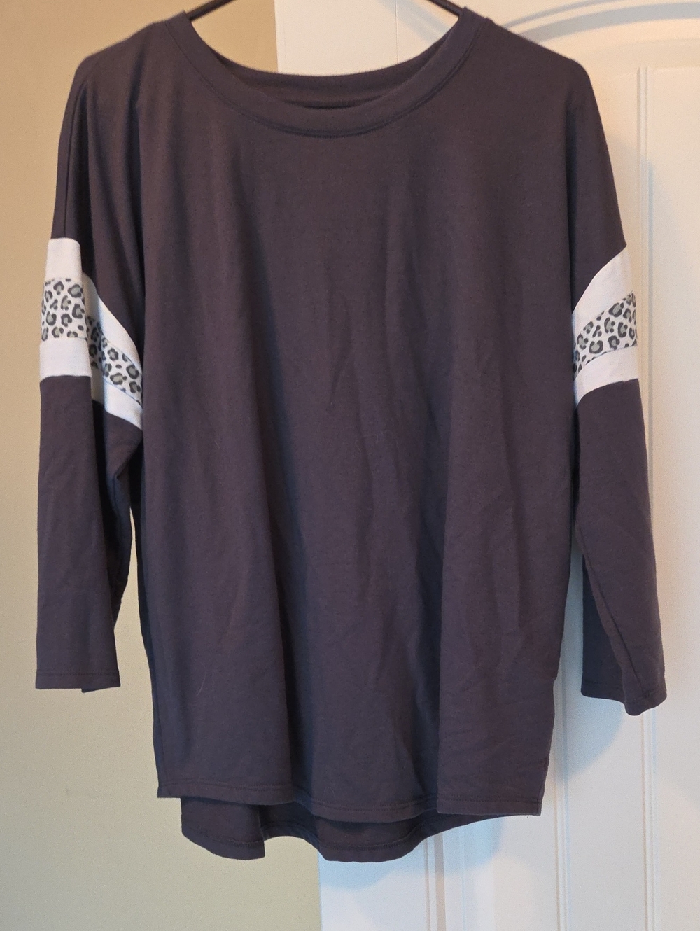 Charcoal 3/4 Sleeve Top with White & Leopard Sleeve Detail